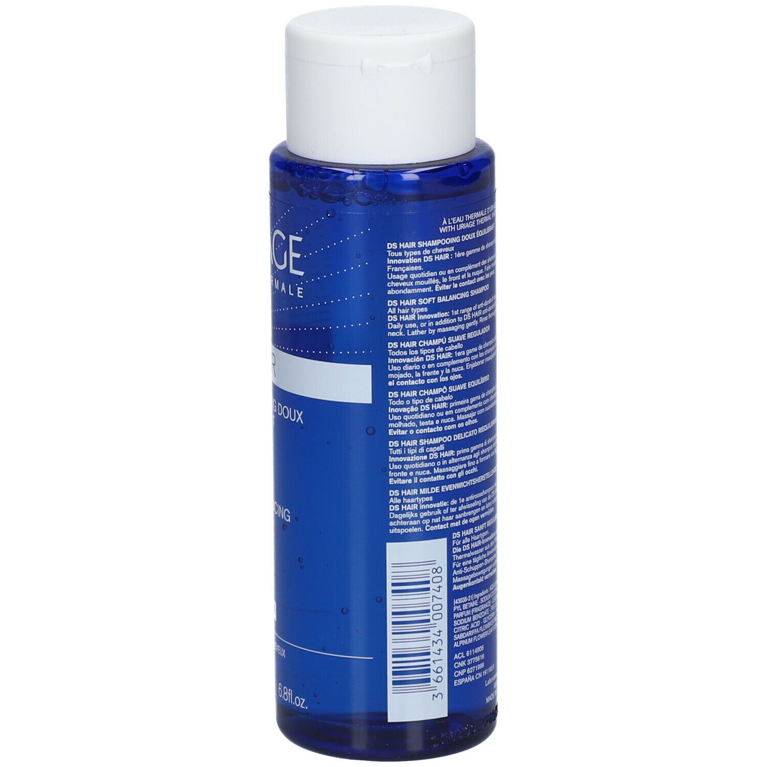 Rückseite der blauen Flasche mit weißem Deckel. Text in mehreren Sprachen. Herstellerinformationen.