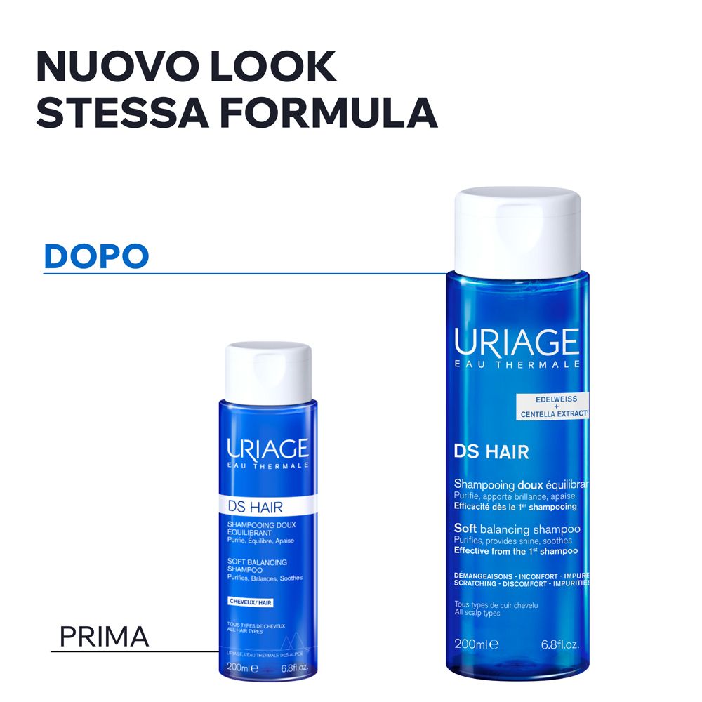 Zwei Uriage DS Hair Soft Balancing Shampoo Flaschen, klein und groß. Neuer Look, gleiche Formel.