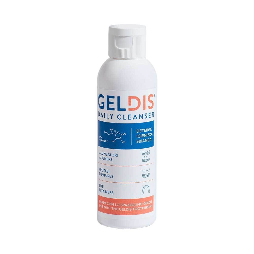 Flacone bianco con etichetta GELDIS Daily Cleanser. Contiene informazioni su allineatori, protesi e retainer.