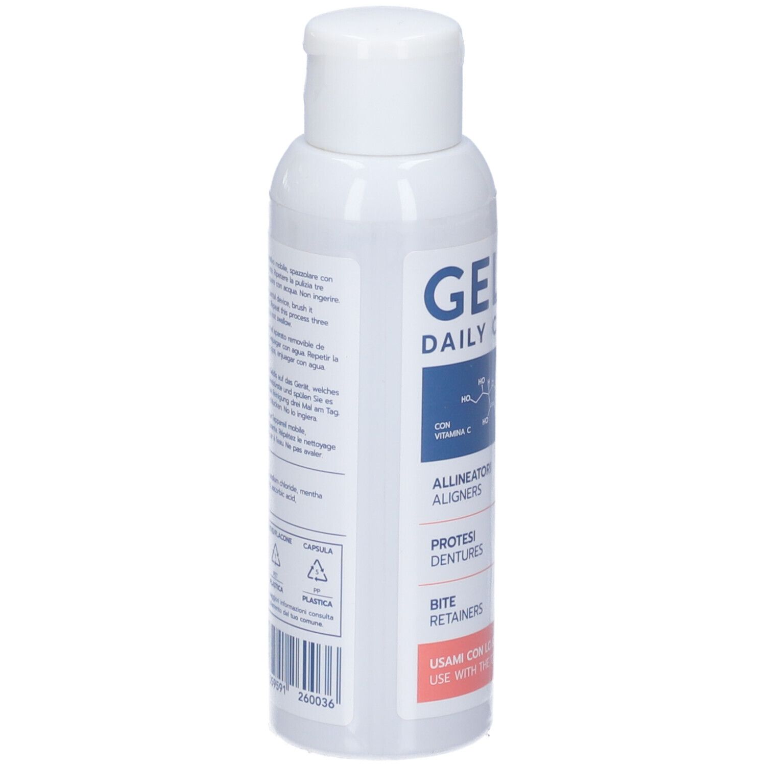 Retro del flacone bianco GELDIS Daily Cleanser. Contiene testo e codice a barre.
