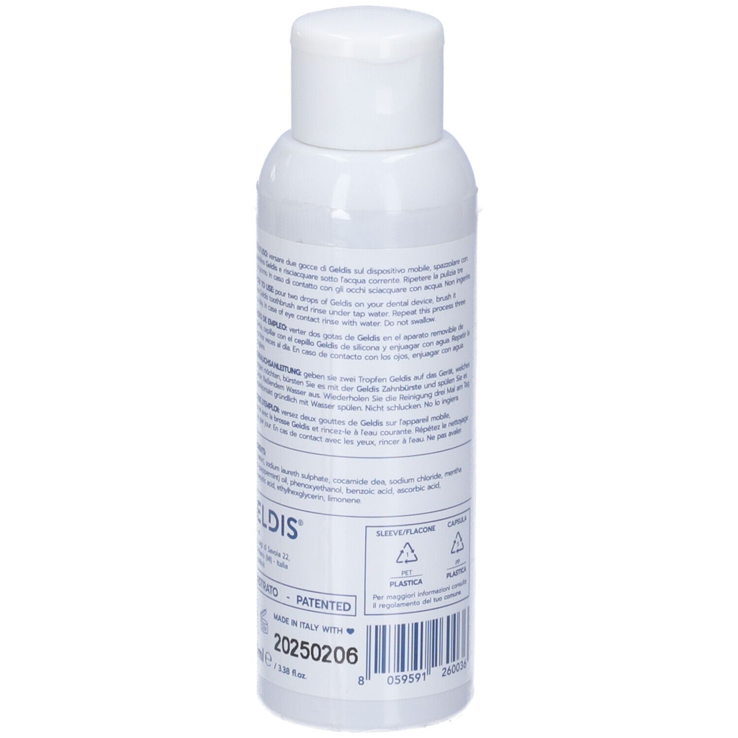 Retro del flacone bianco GELDIS Daily Cleanser. Contiene testo e codice a barre.