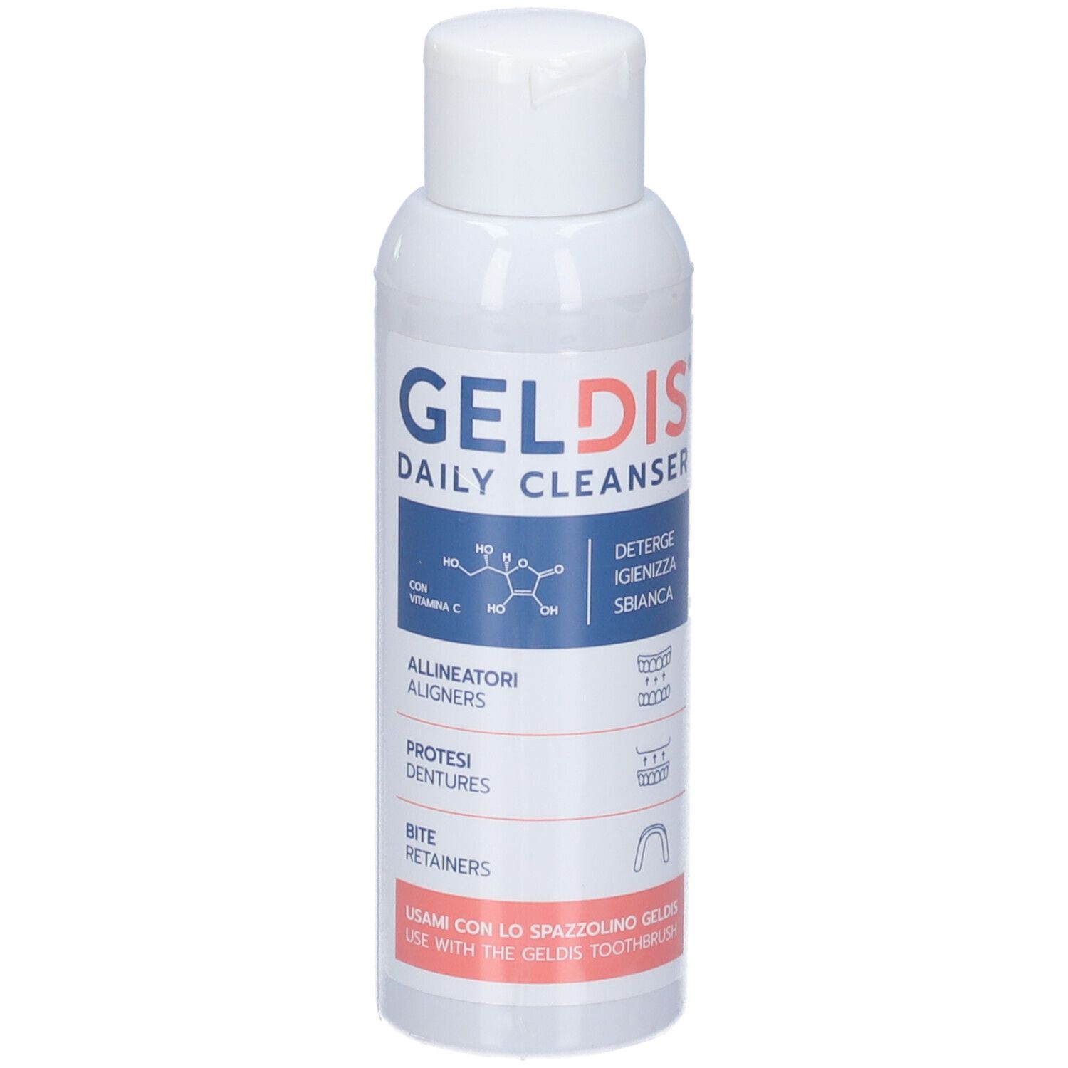 Flacone bianco con etichetta GELDIS Daily Cleanser. Contiene informazioni su allineatori, protesi e retainer.