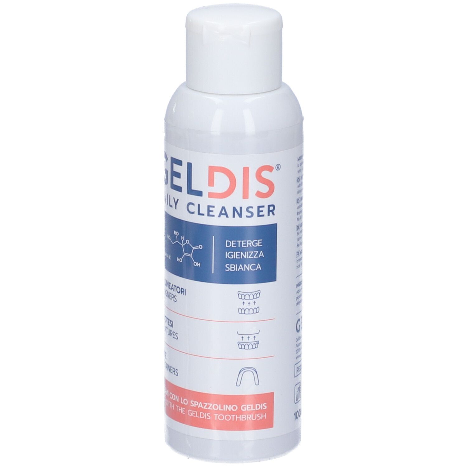 Flacone bianco con etichetta GELDIS Daily Cleanser. Contiene informazioni su allineatori, protesi e retainer.