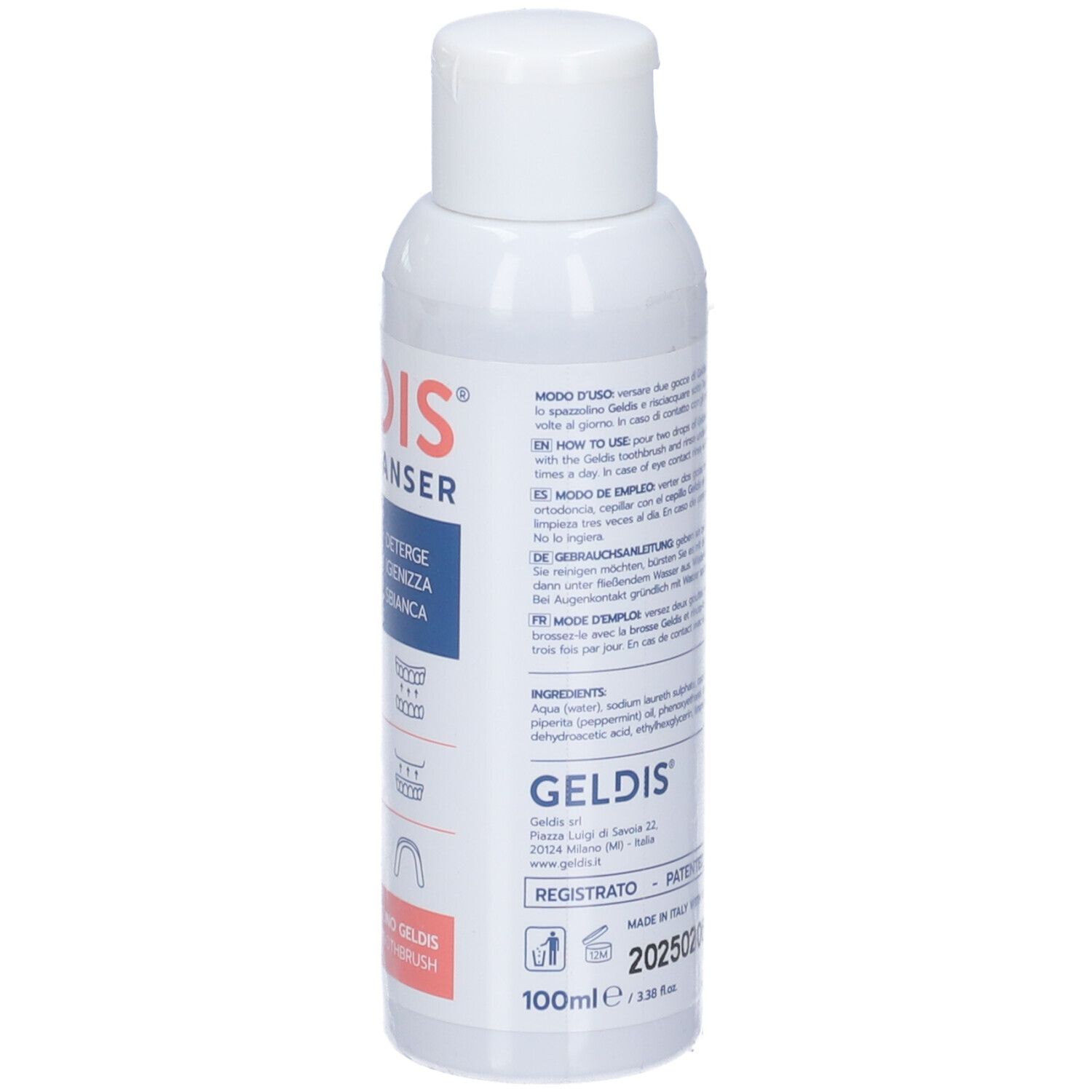 Retro del flacone bianco GELDIS Daily Cleanser. Contiene testo e codice a barre.