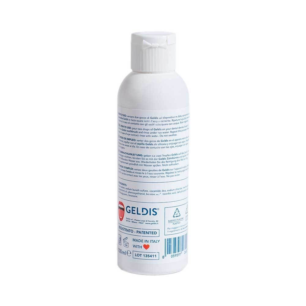 Retro del flacone bianco GELDIS Daily Cleanser. Contiene testo e codice a barre.