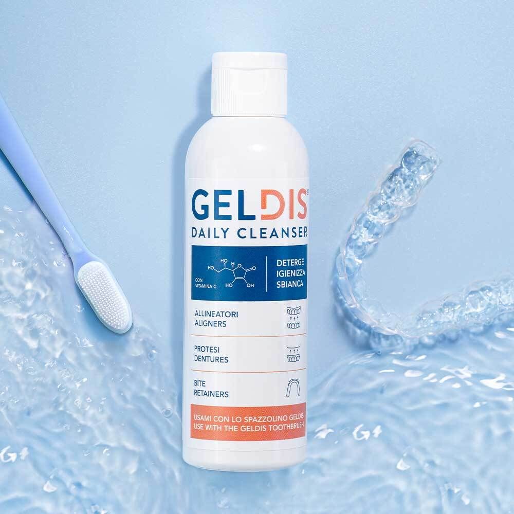 Flacone GELDIS Daily Cleanser, spazzolino e allineatore in acqua. Informazioni sul prodotto.