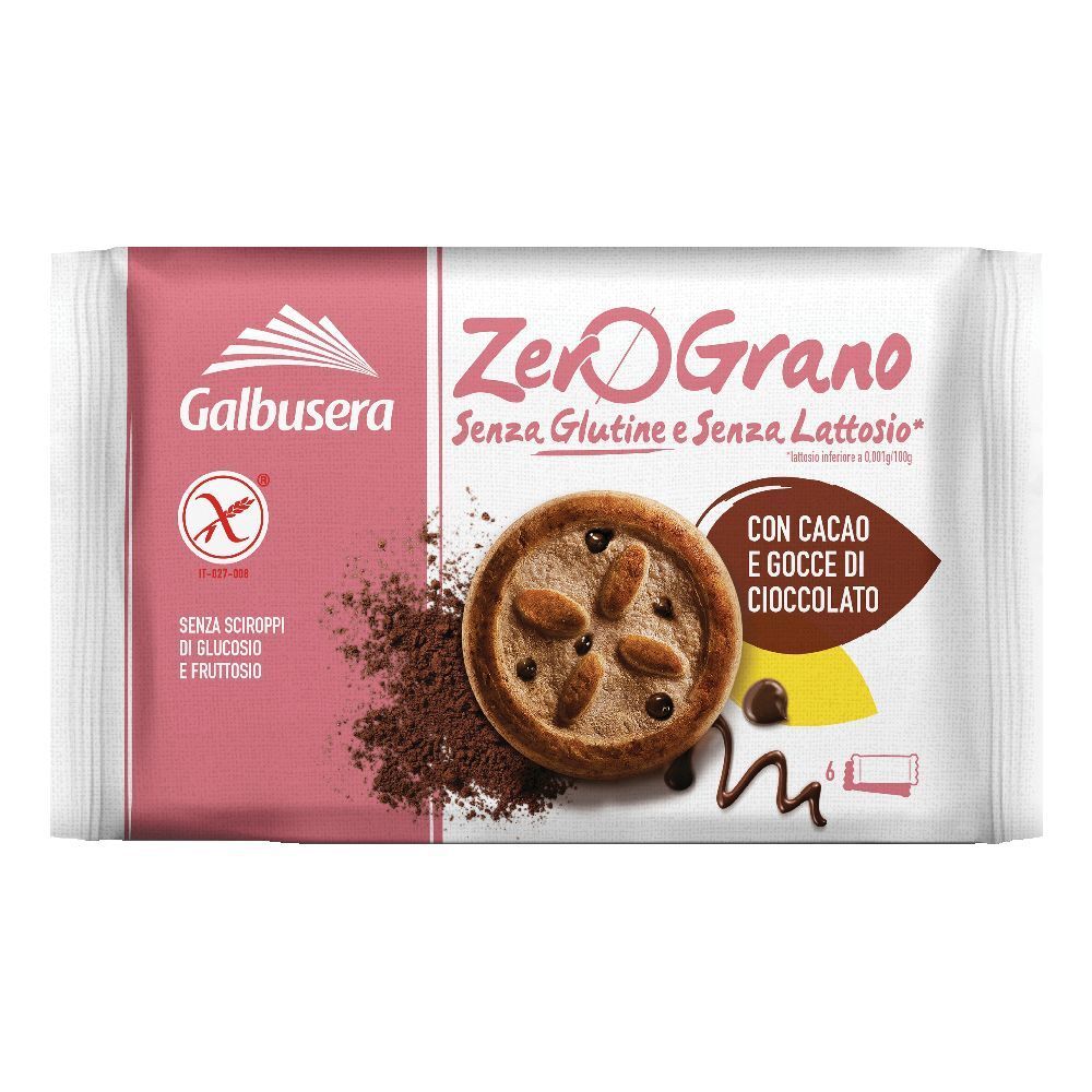 Confezione di biscotti Zerograno senza glutine e senza lattosio. Con cacao e gocce di cioccolato. Simbolo senza glutine.