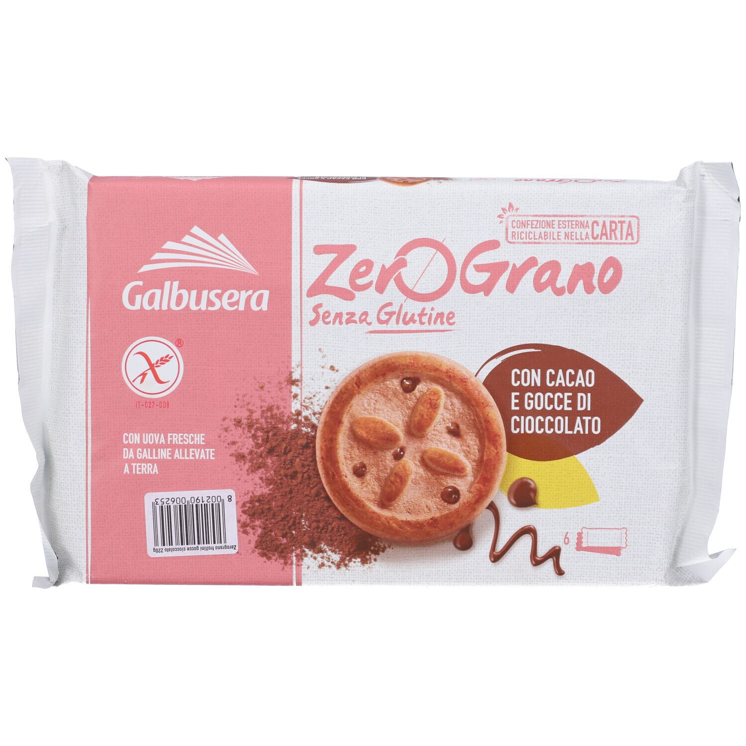 Confezione di biscotti Zerograno senza glutine. Con cacao e gocce di cioccolato. Simbolo senza glutine. Confezione in carta.