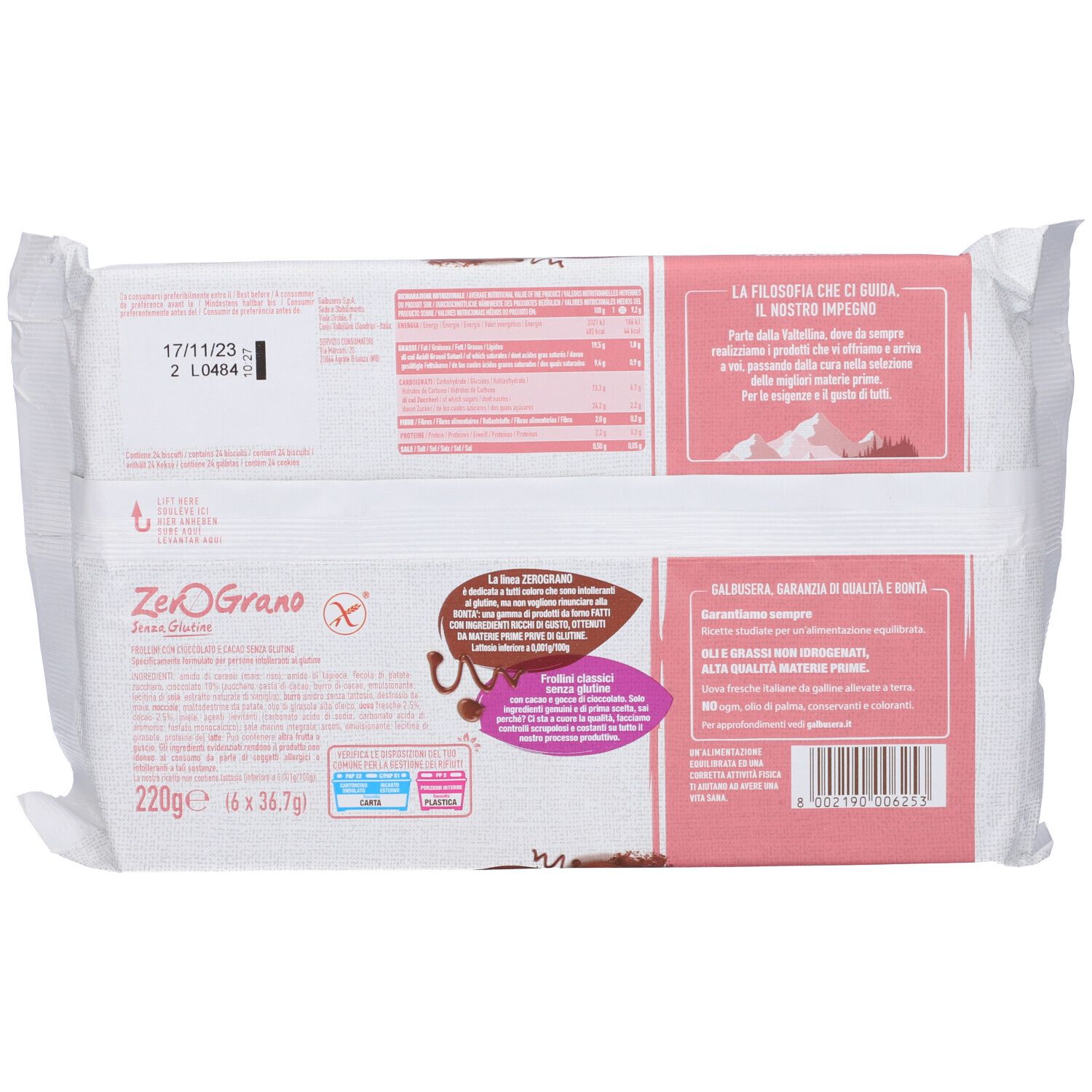 Retro della confezione di biscotti Zerograno senza glutine. 220g, 16 x 34.7g. Informazioni nutrizionali e ingredienti.