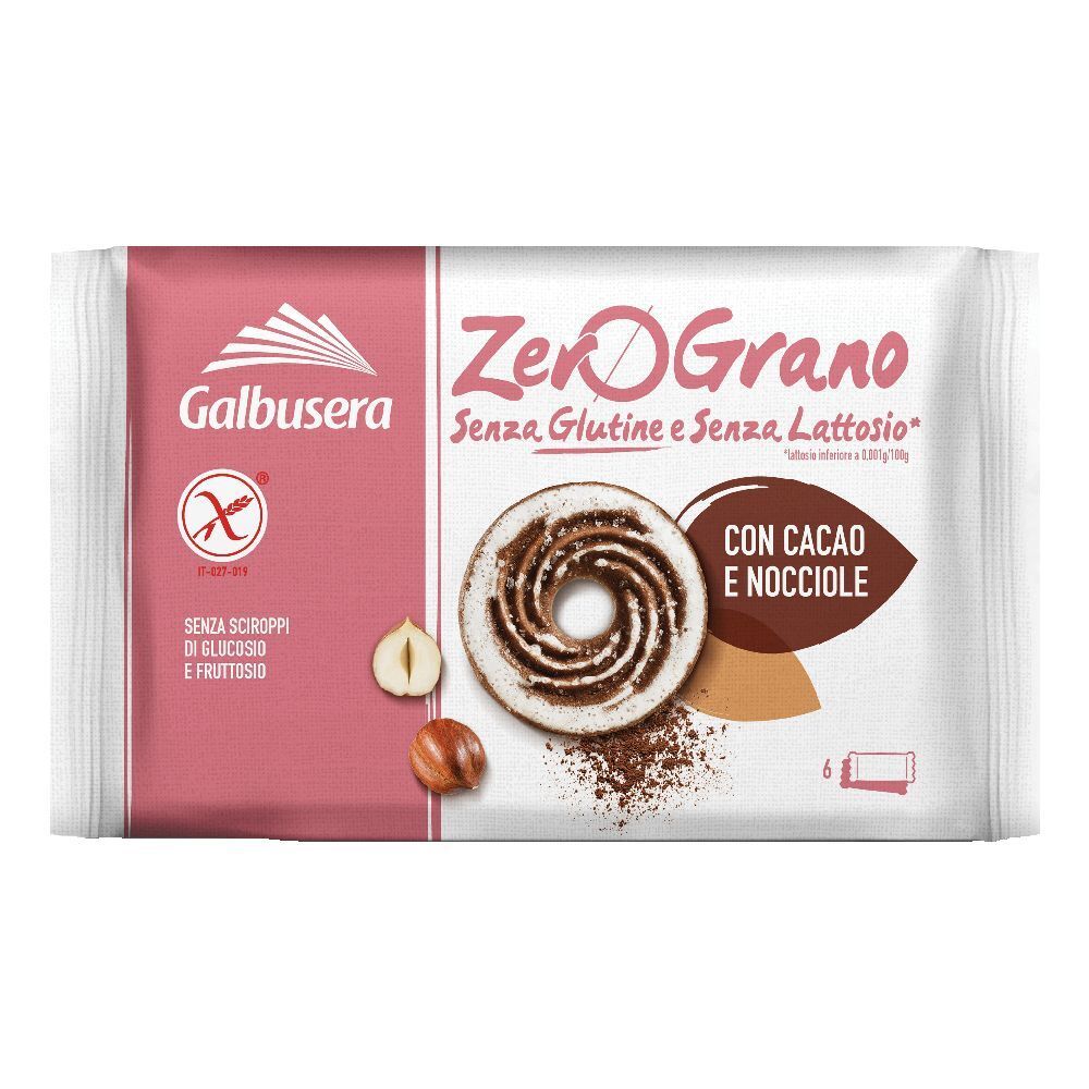 Confezione di biscotti Zerograno, senza glutine e lattosio, con cacao e nocciole. Marchio Galbusera. 6 pezzi.