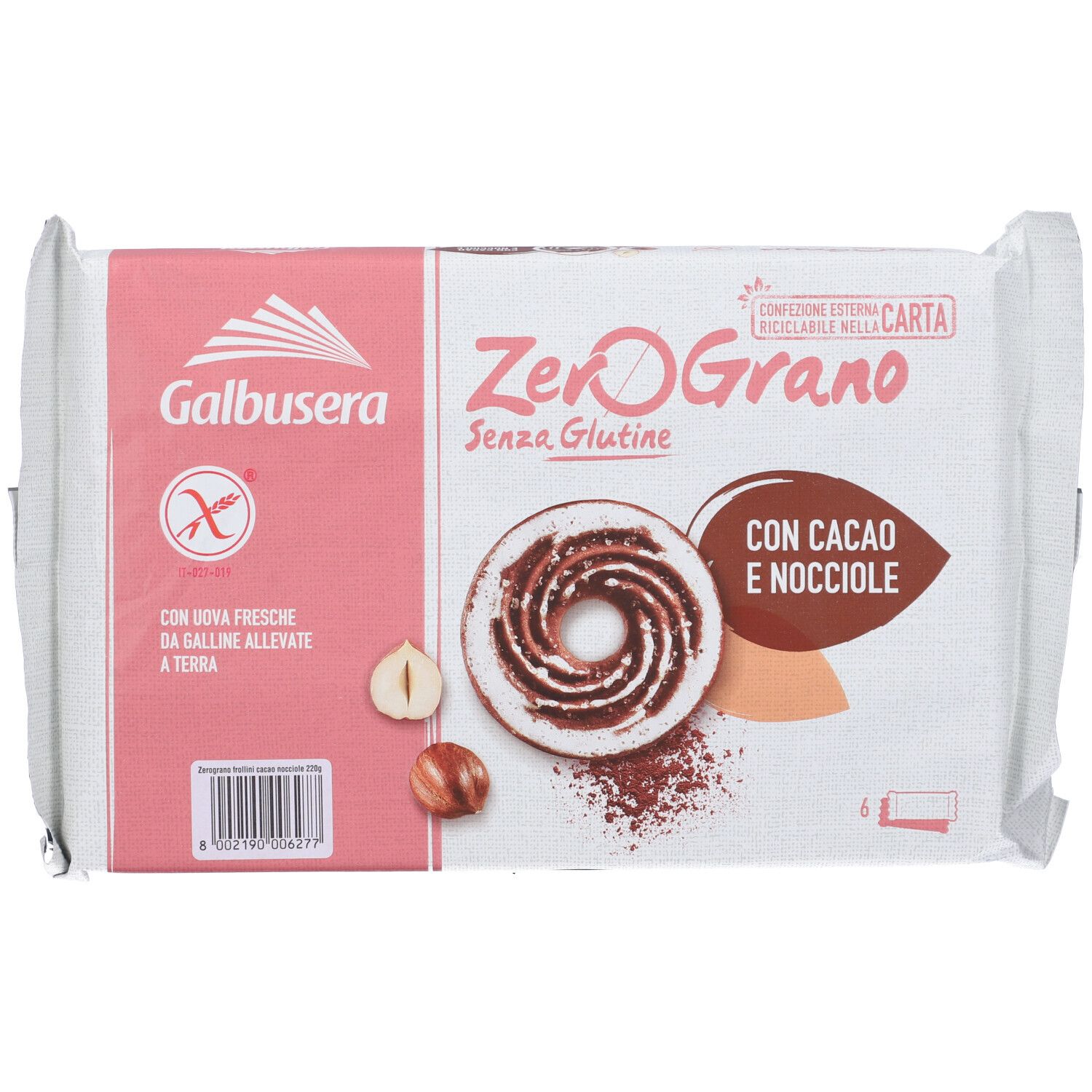 Confezione di biscotti Zerograno, senza glutine e lattosio, con cacao e nocciole. Marchio Galbusera. 6 pezzi.