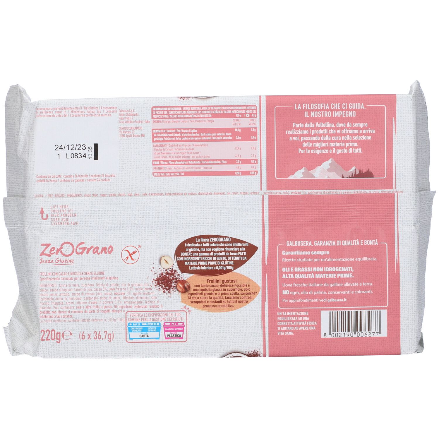 Retro della confezione di biscotti. Contiene informazioni nutrizionali, marchio Zerograno senza glutine. 220g, 6 pezzi.