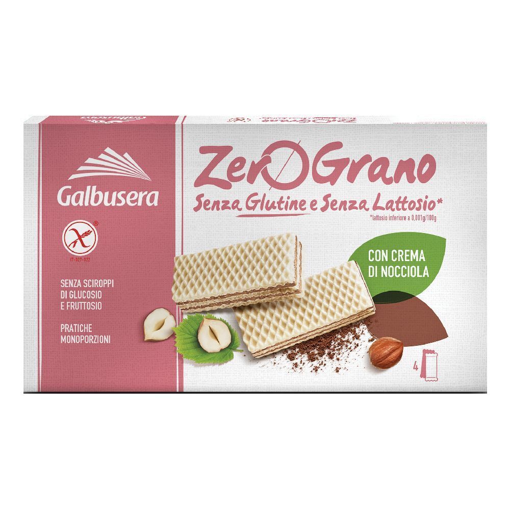 Confezione di wafer ZeroGrano, senza glutine e senza lattosio, con crema di nocciola. Marchio Galbusera. Due wafer visibili.