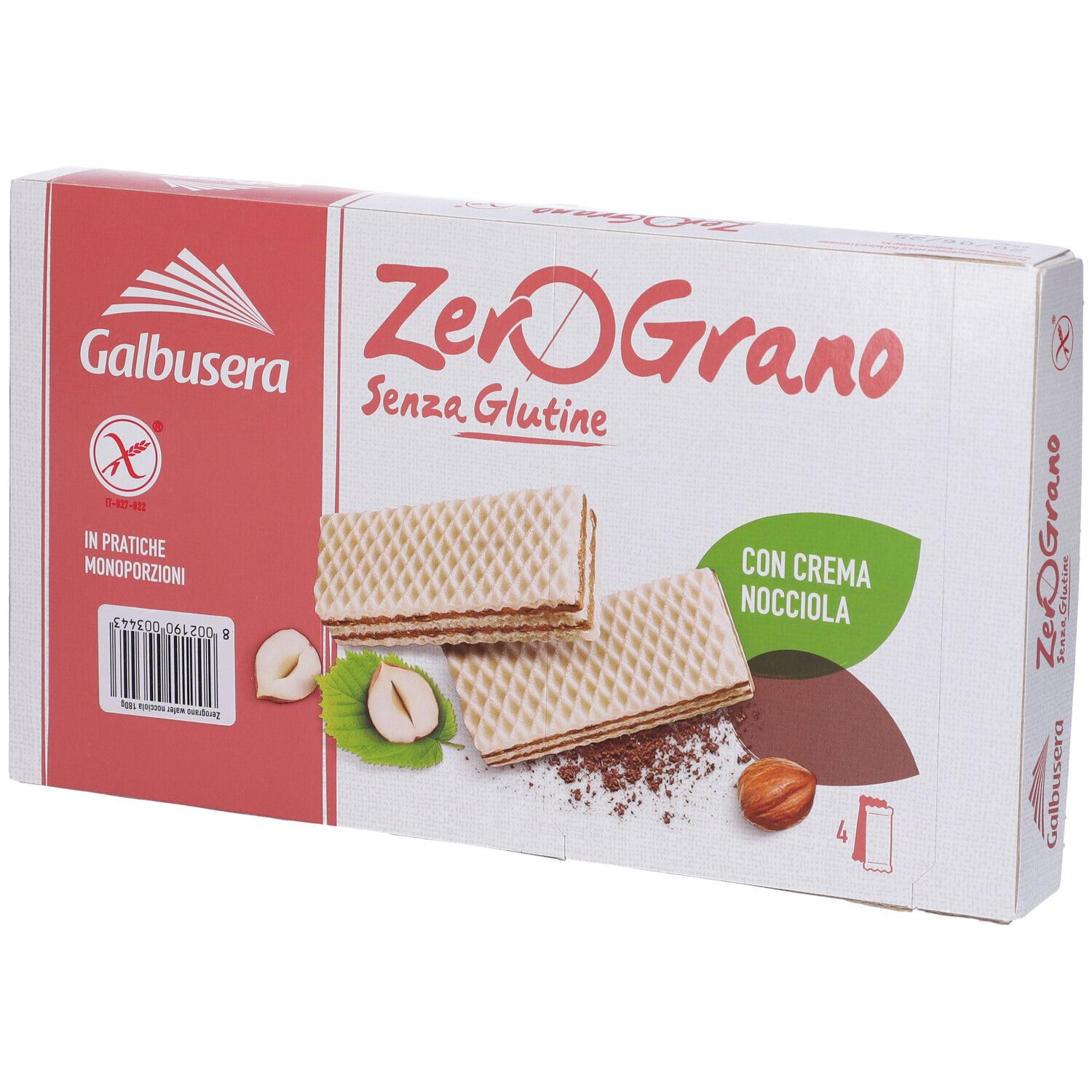 Confezione di wafer ZeroGrano, senza glutine, con crema di nocciola. Marchio Galbusera. Due wafer visibili.