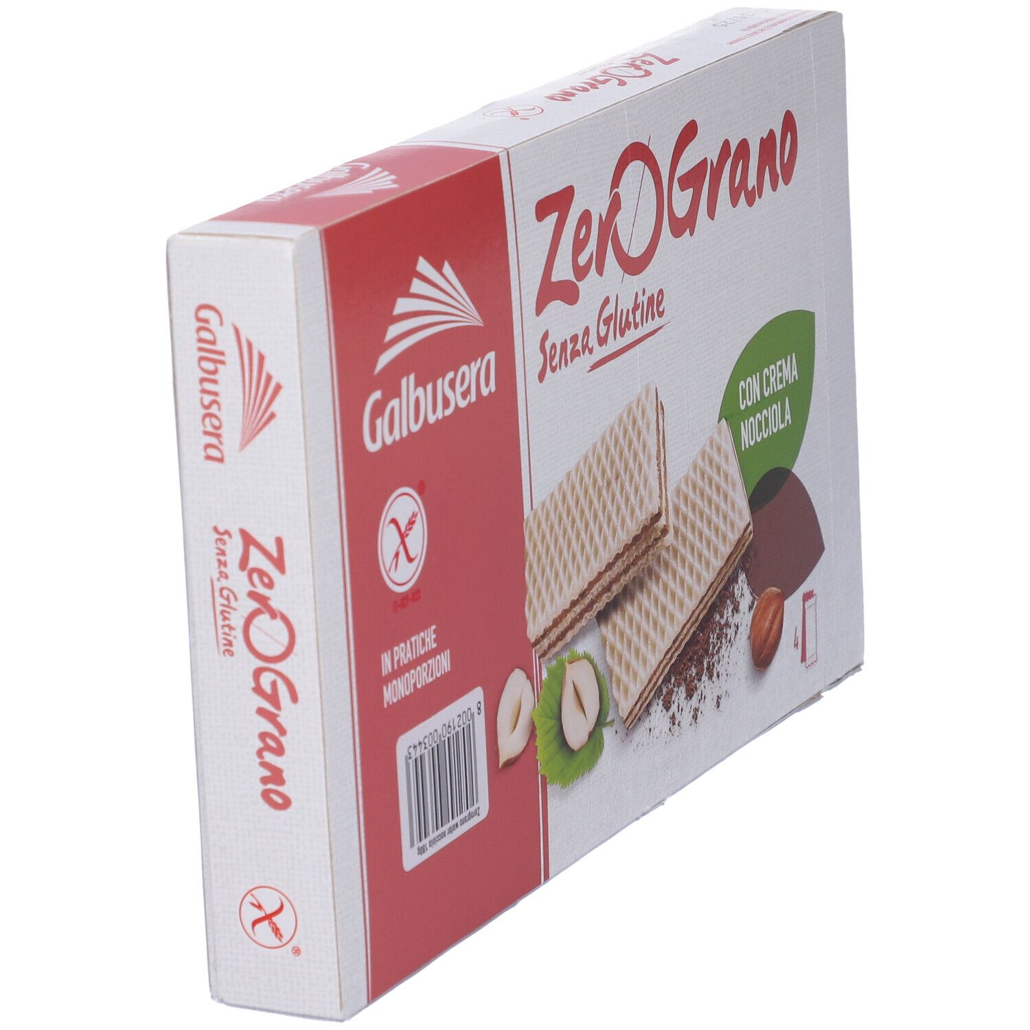 Confezione di wafer ZeroGrano, senza glutine, con crema di nocciola. Marchio Galbusera. Vista prospettica.