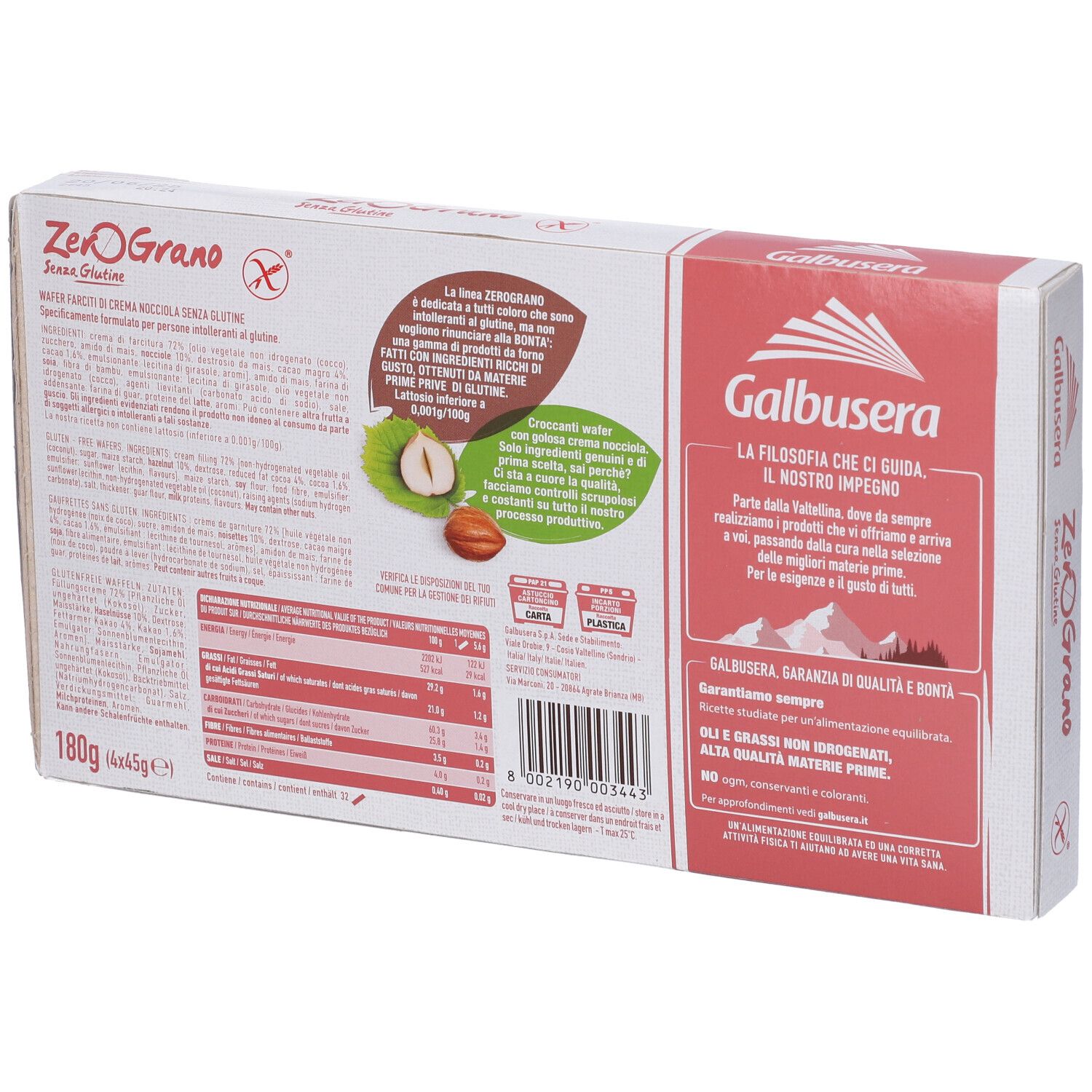 Retro della confezione di wafer ZeroGrano, senza glutine. Marchio Galbusera. Informazioni su ingredienti e valori nutrizionali.