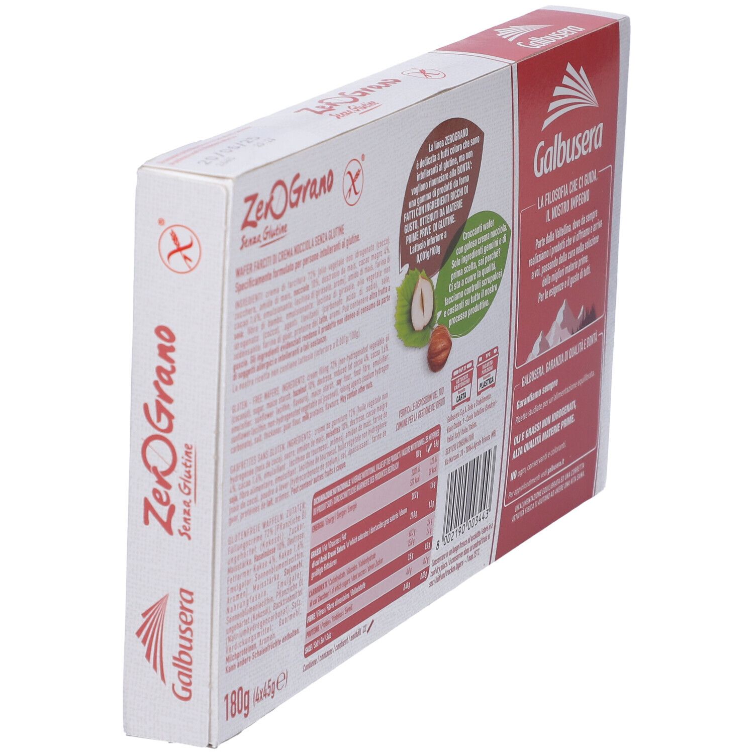 Retro della confezione di wafer ZeroGrano, senza glutine. Marchio Galbusera. Vista prospettica.