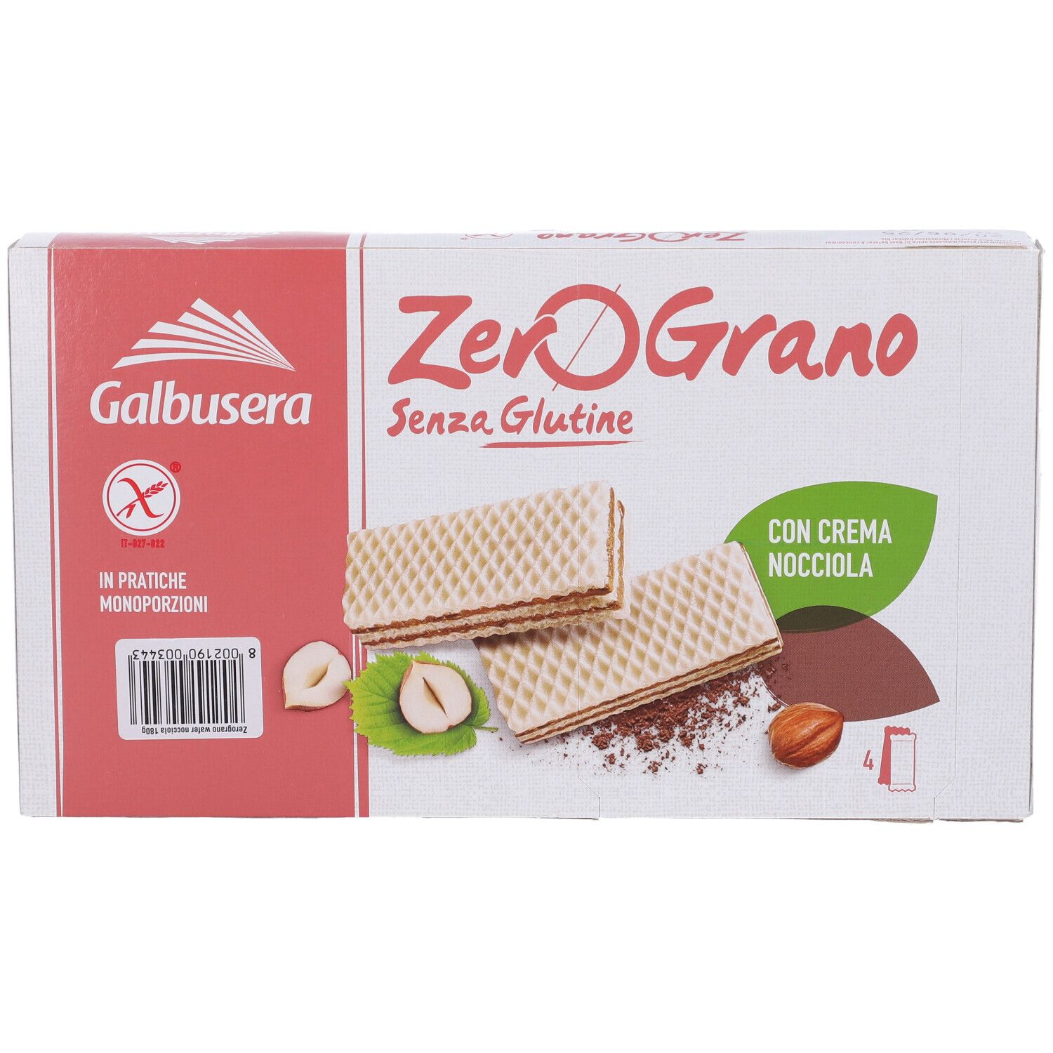 Confezione di wafer ZeroGrano, senza glutine, con crema di nocciola. Marchio Galbusera. Due wafer visibili.