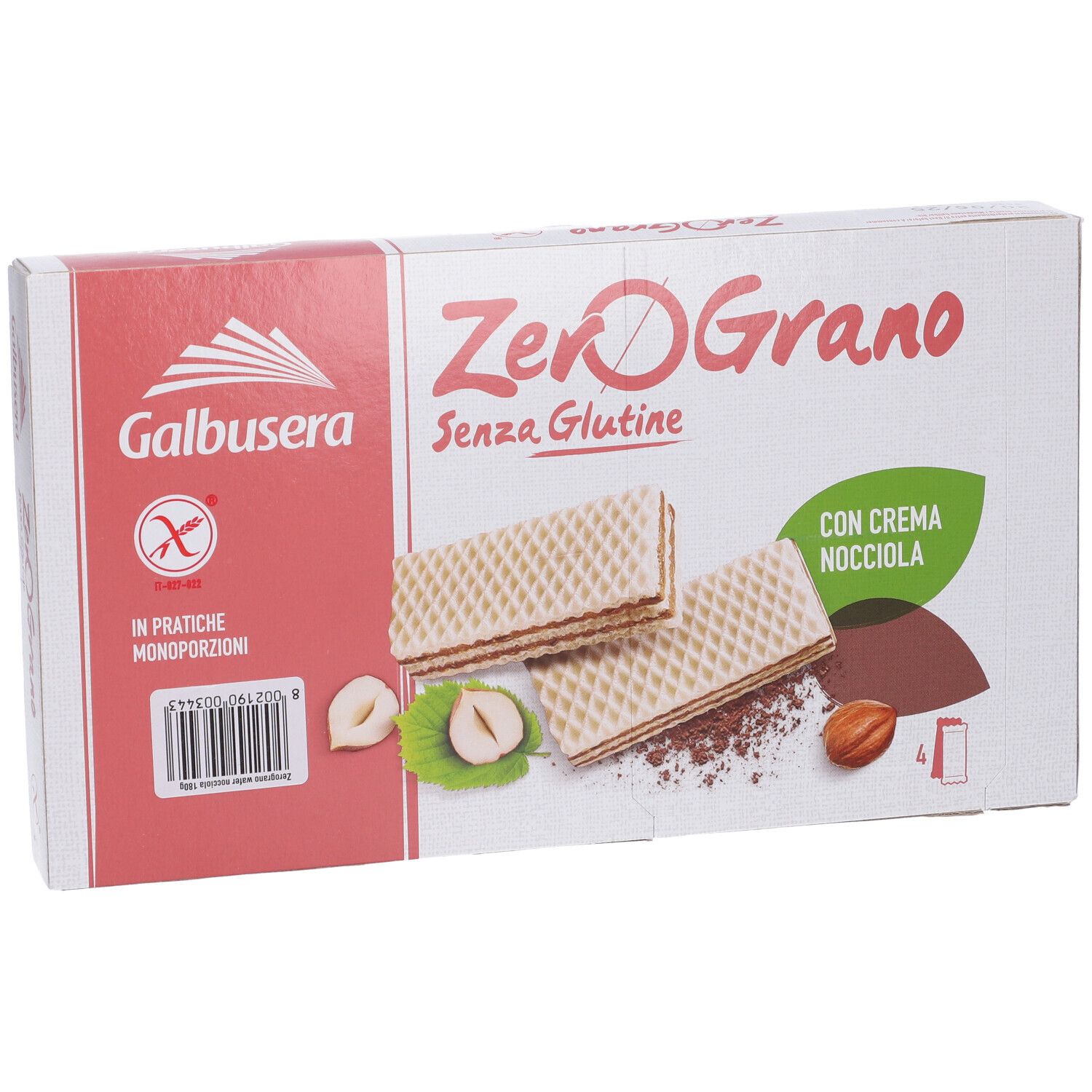 Confezione di wafer ZeroGrano, senza glutine, con crema di nocciola. Marchio Galbusera. Due wafer visibili.