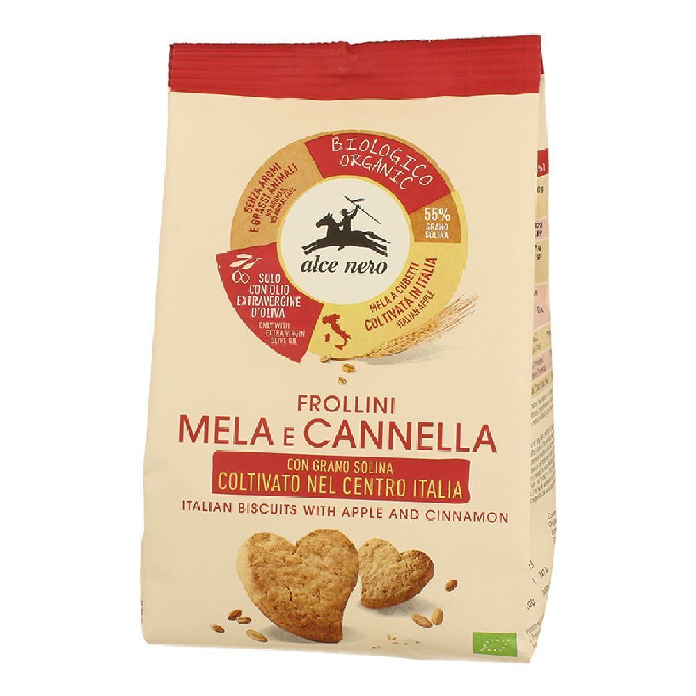 Confezione di biscotti Frollini Mela e Cannella, biologici, con mela e cannella. Biscotti a forma di cuore. Logo Alce Nero.
