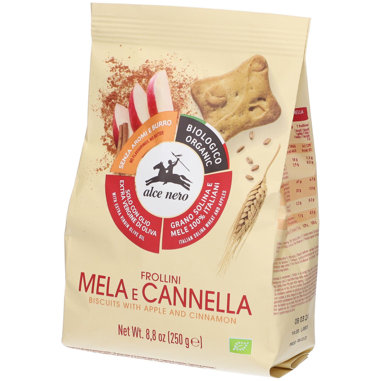 Confezione di biscotti Frollini Mela e Cannella, biologici, con mela e cannella. Logo Alce Nero. Peso netto 250g.