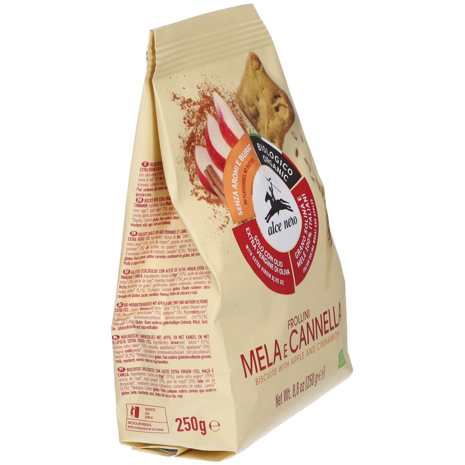 Confezione di biscotti Frollini Mela e Cannella, biologici, con mela e cannella. Logo Alce Nero. Peso netto 250g.