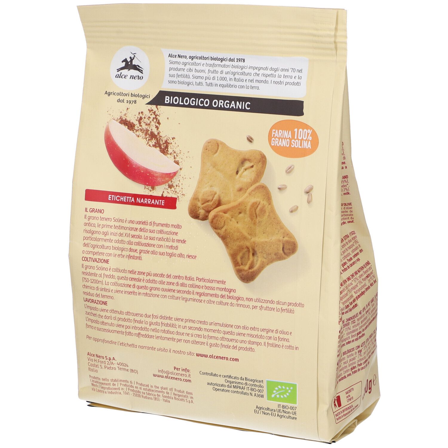 Retro della confezione di biscotti Frollini Mela e Cannella, biologici. Logo Alce Nero. Peso netto 250g.