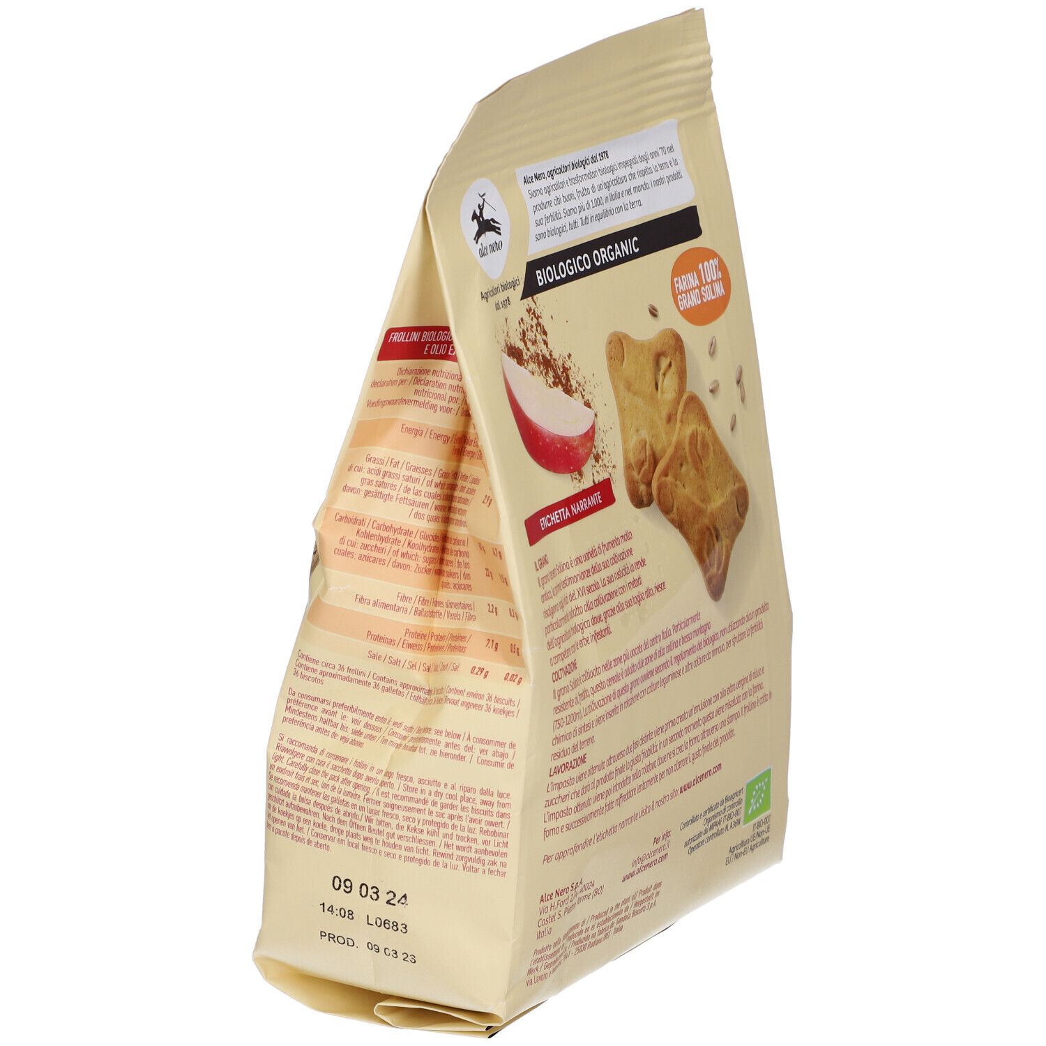 Confezione di biscotti Frollini Mela e Cannella, biologici, con mela e cannella. Logo Alce Nero. Peso netto 250g.