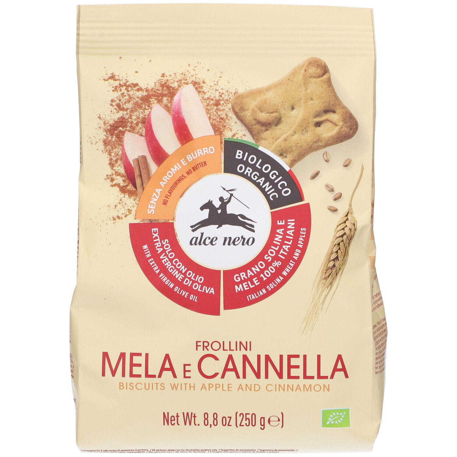 Confezione di biscotti Frollini Mela e Cannella, biologici, con mela e cannella. Logo Alce Nero. Peso netto 250g.