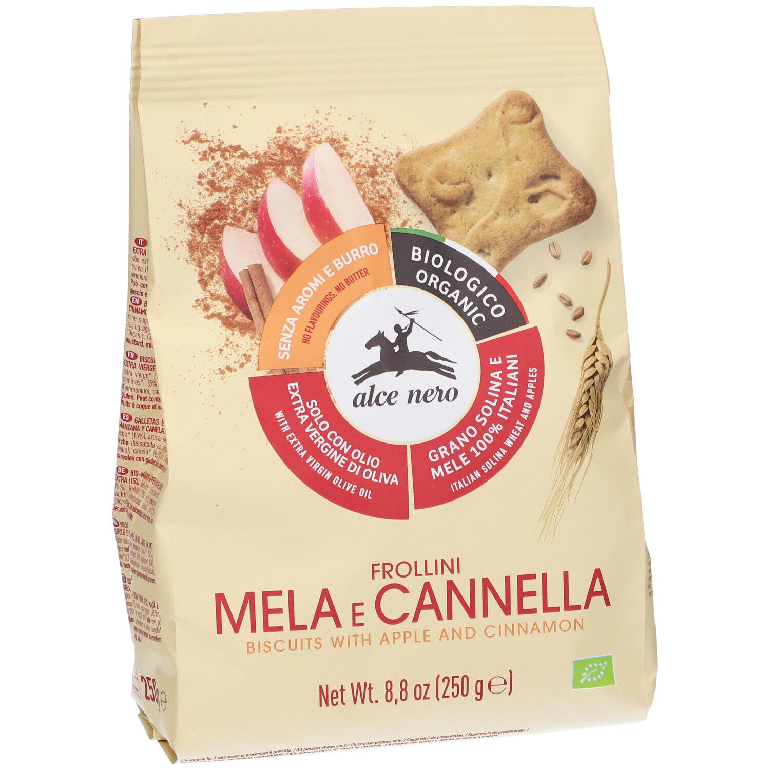 Confezione di biscotti Frollini Mela e Cannella, biologici, con mela e cannella. Logo Alce Nero. Peso netto 250g.