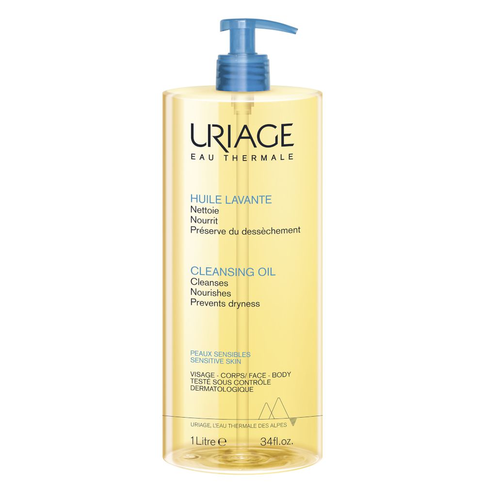 Flacon transparent avec pompe bleue. Inscription : URIAGE, Eau Thermale, Huile Lavante, Cleansing Oil. 1 litre.