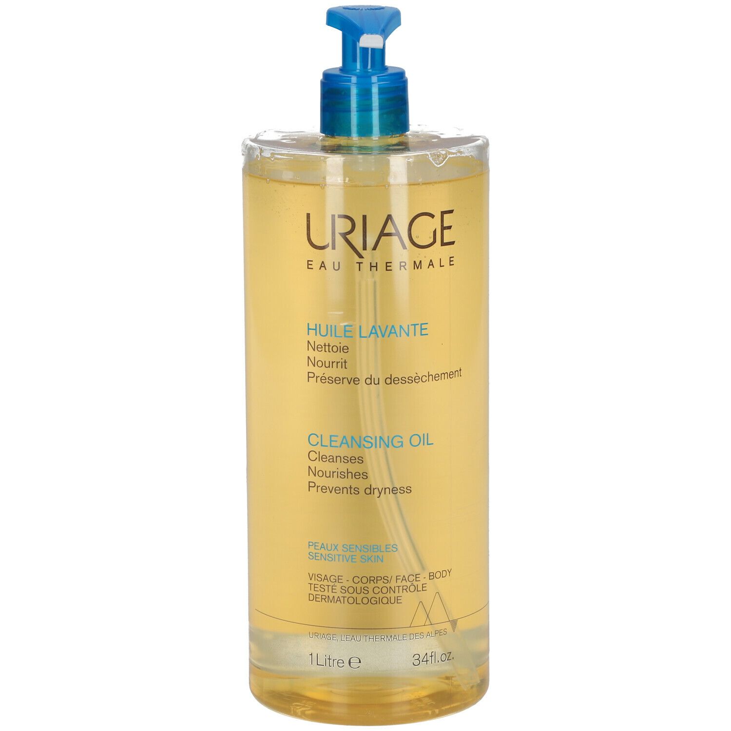 Flacon transparent avec pompe bleue. Inscription : URIAGE, Eau Thermale, Huile Lavante, Cleansing Oil. 1 litre.
