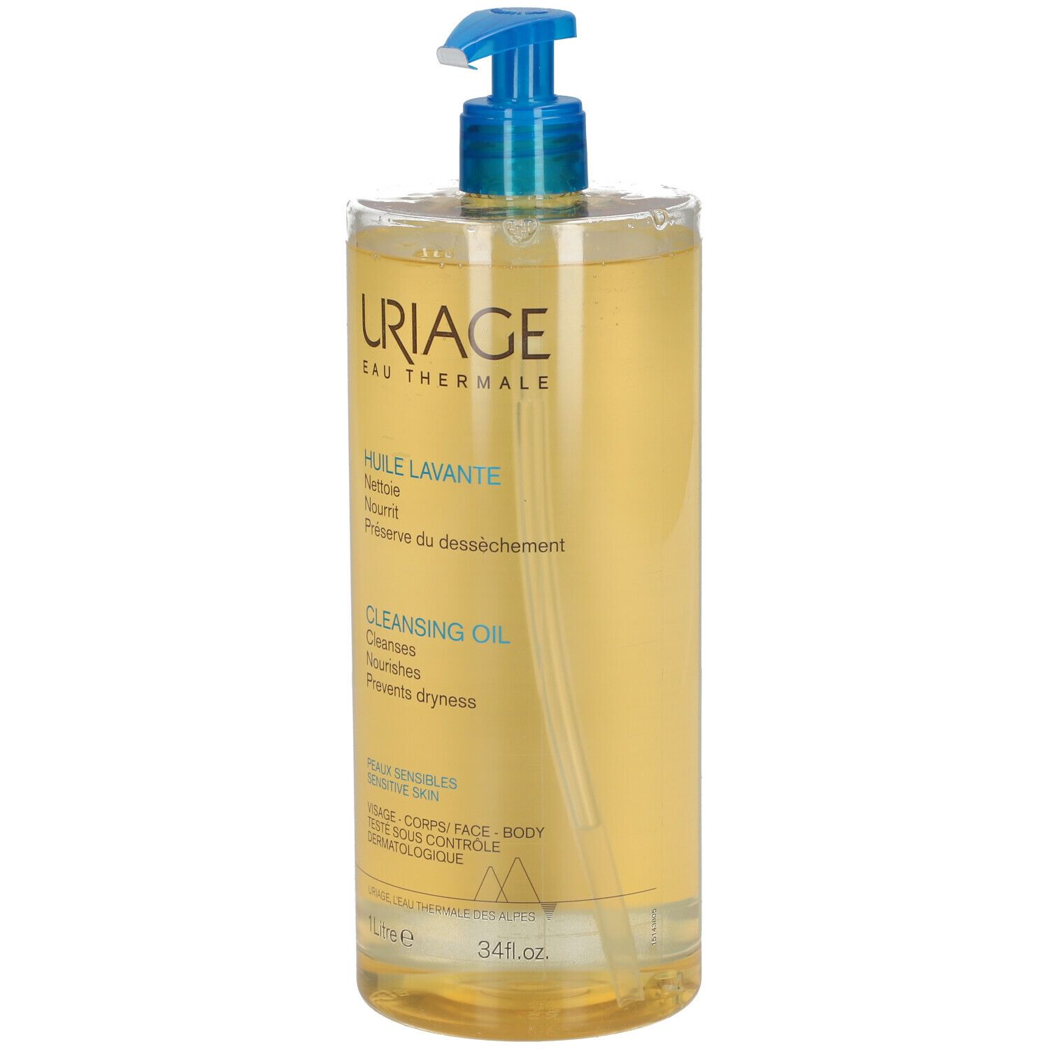 Flacon transparent avec pompe bleue. Inscription : URIAGE, Eau Thermale, Huile Lavante, Cleansing Oil. 1 litre.