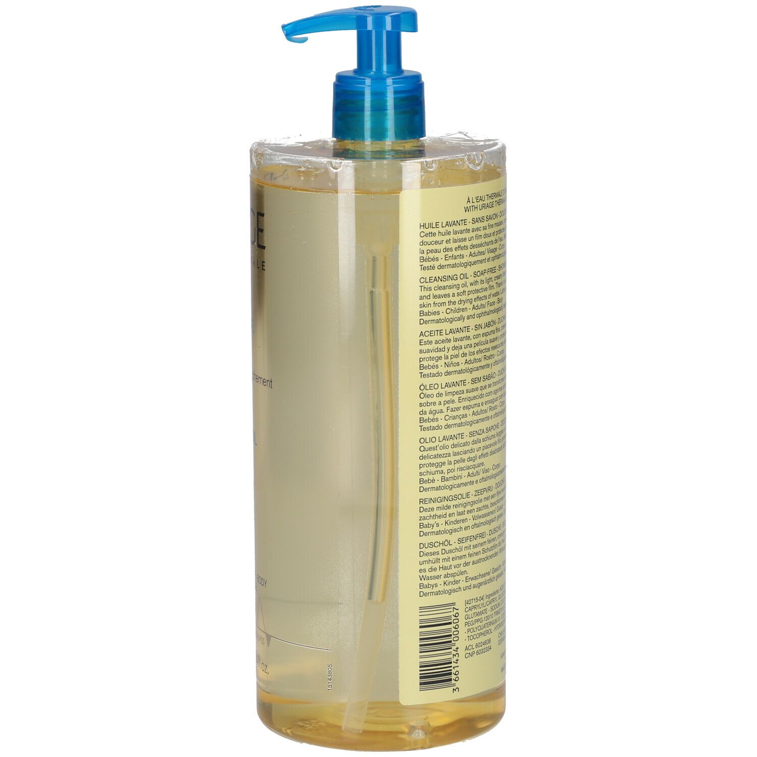 Dos du flacon. Texte multilingue. Inscription : URIAGE, Eau Thermale. Fabriqué en France.