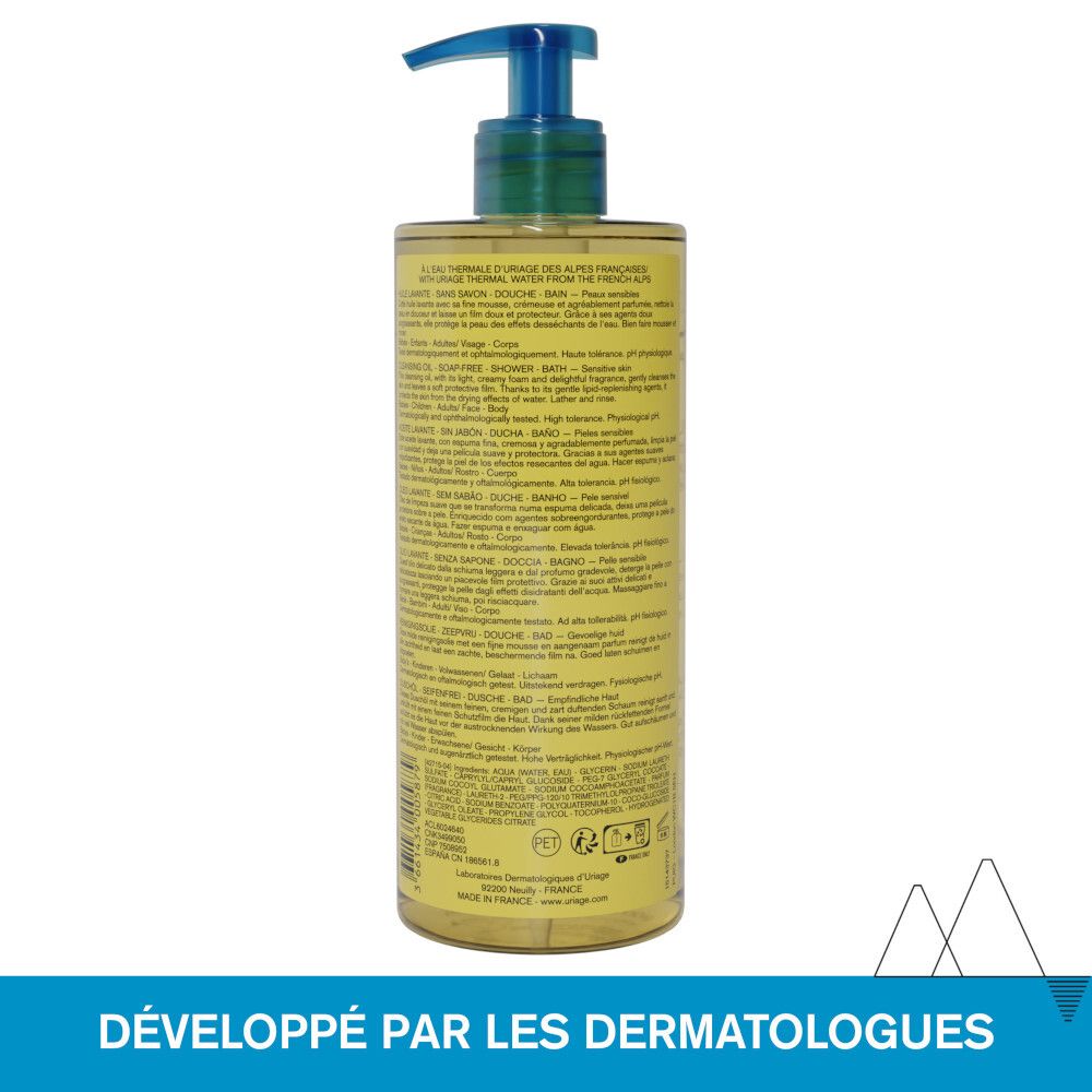 Dos du flacon. Texte multilingue. Inscription : URIAGE, Eau Thermale. Développé par les dermatologues. Fabriqué en France.