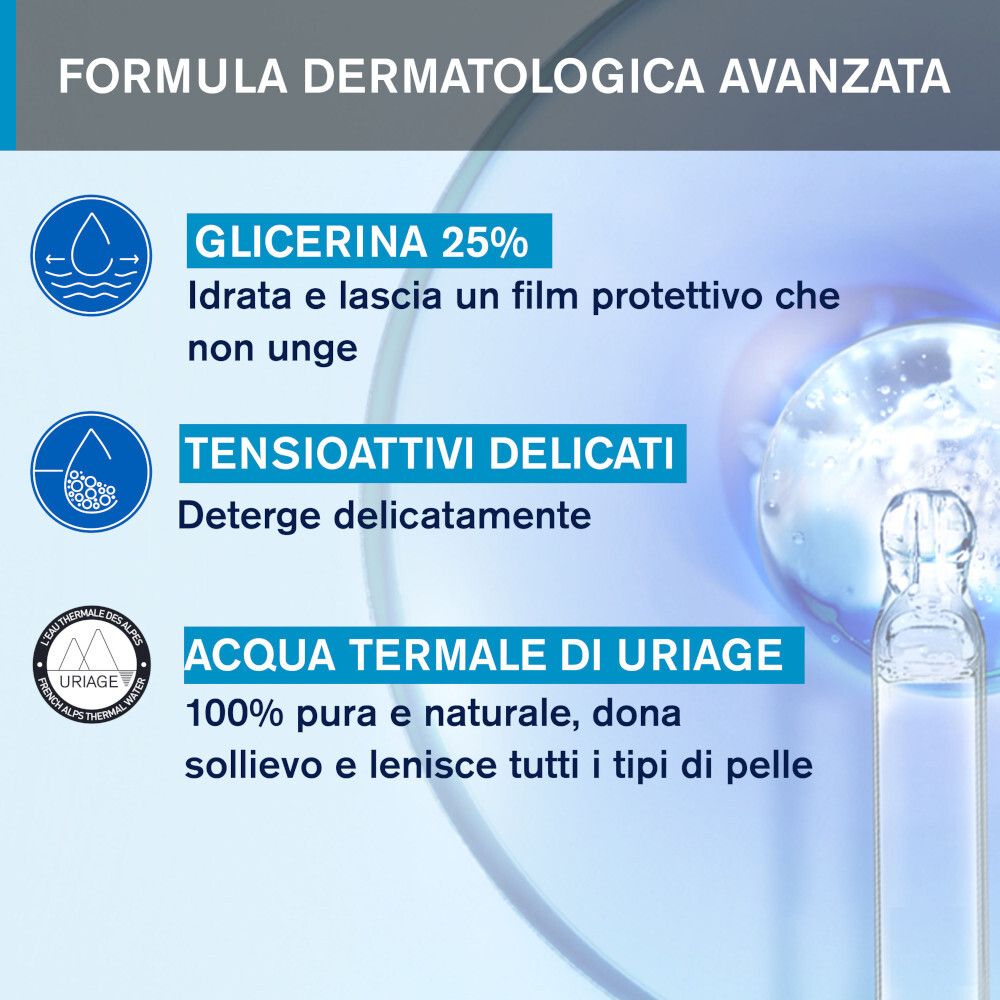 Graphique avec texte : Glicerina 25%, Tensiattivi delicati, Acqua Termale di Uriage. Logo Uriage et ampoule.