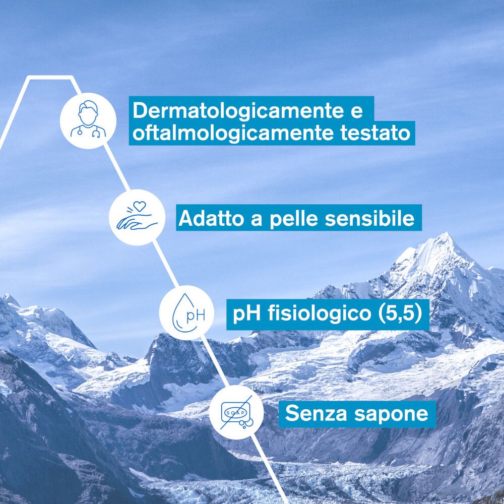 Graphique avec texte : Testé dermatologiquement et ophtalmologiquement, Convient aux peaux sensibles, pH physiologique (5,5), Sans savon.