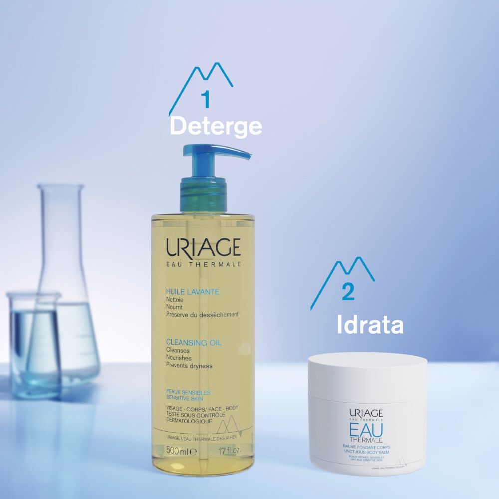Flacon et pot de crème. Texte : Uriage, Eau Thermale. 1. Nettoie. 2. Hydrate.