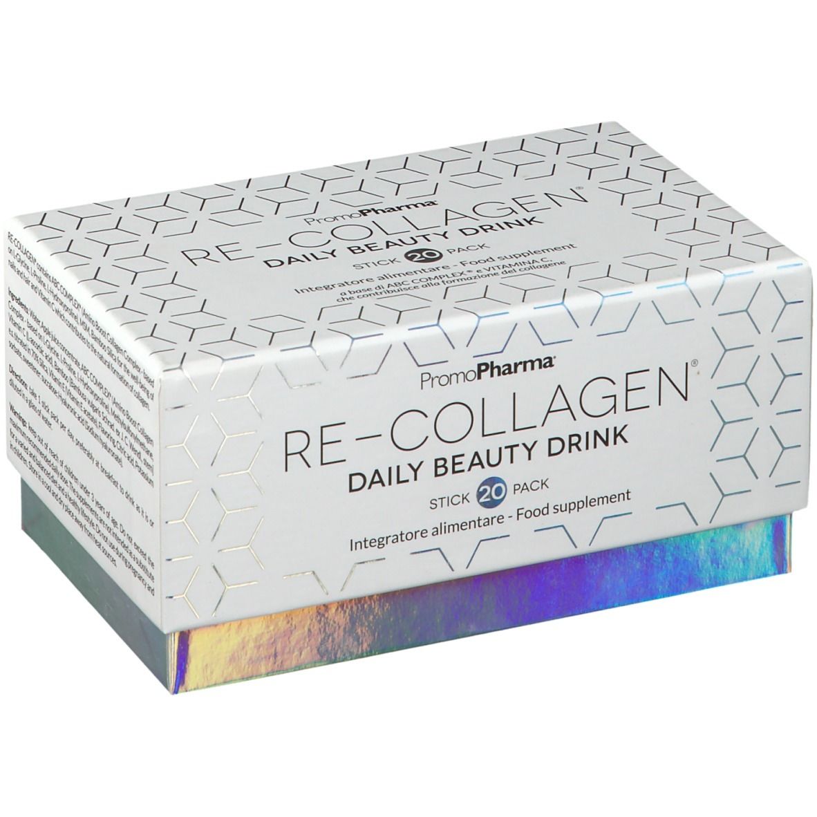 Scatola RE-COLLAGEN Daily Beauty Drink. Bianca, nome prodotto e logo. 20 stick.