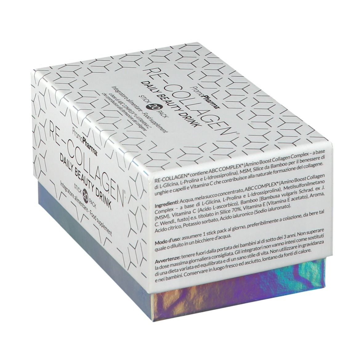 Scatola RE-COLLAGEN Daily Beauty Drink. Retro con ingredienti e avvertenze.