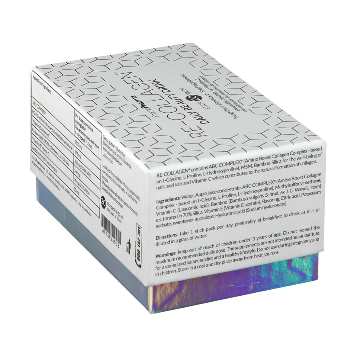 Scatola RE-COLLAGEN Daily Beauty Drink. Retro con ingredienti e avvertenze.