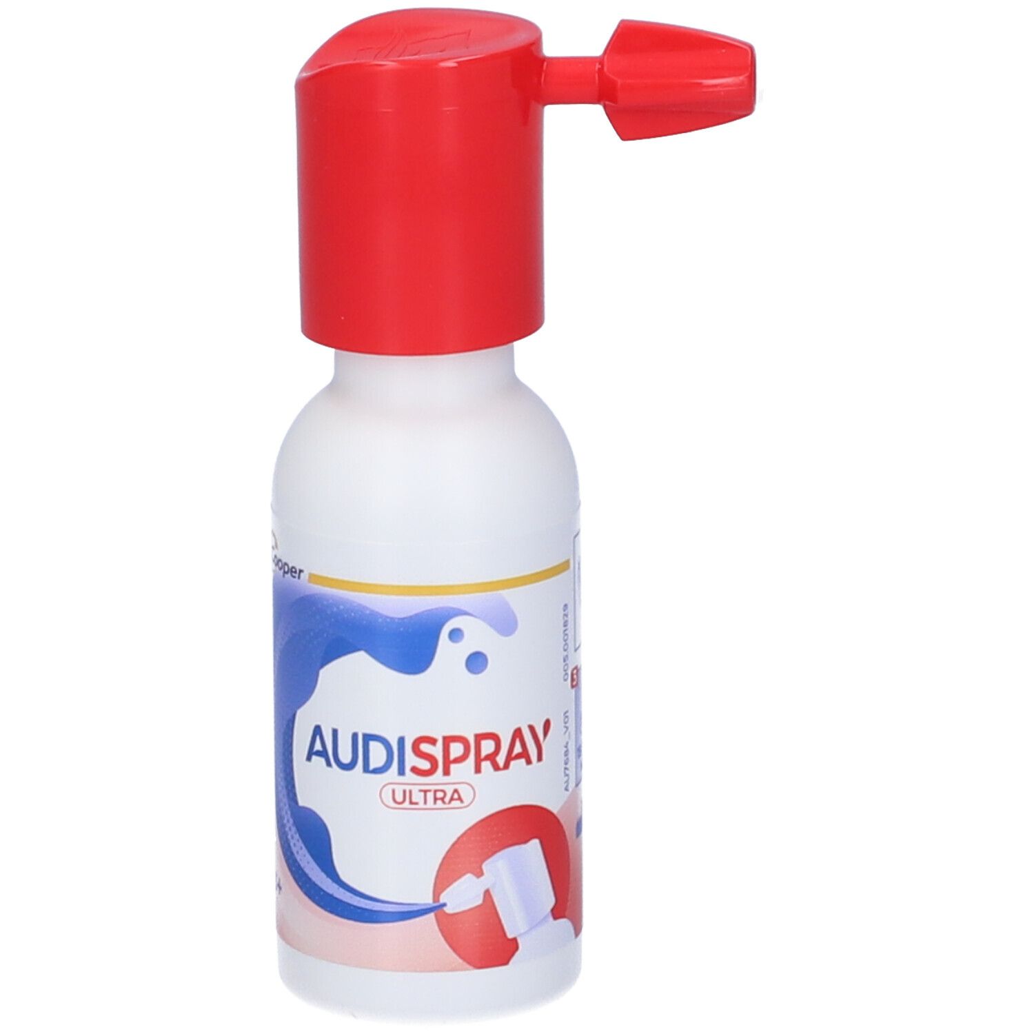 Flacone spray Audispray Ultra. Flacone bianco con erogatore rosso. Scritta: Audispray Ultra. Grafica onde blu.