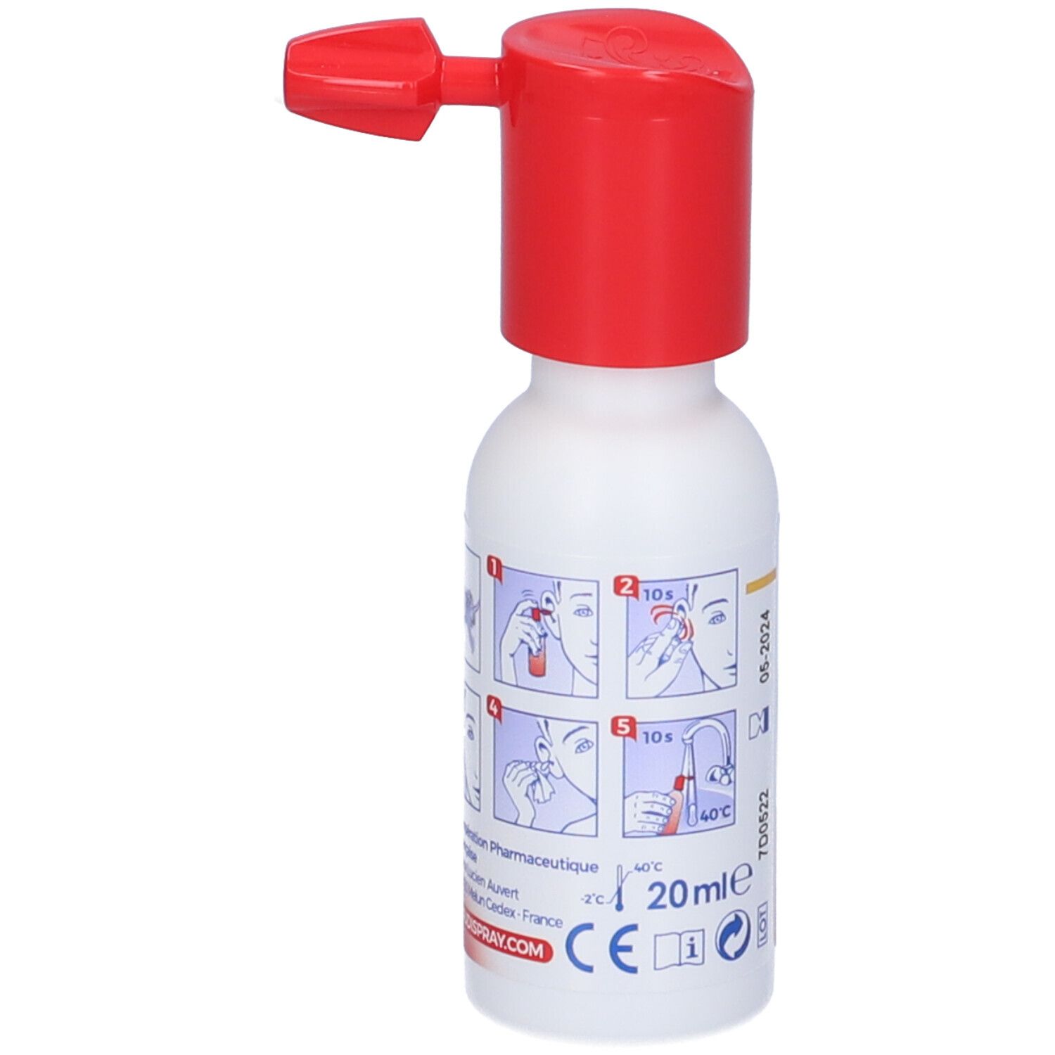 Flacone spray Audispray Ultra. Flacone bianco con erogatore rosso. Scritta: Audispray Ultra. Grafica onde blu.