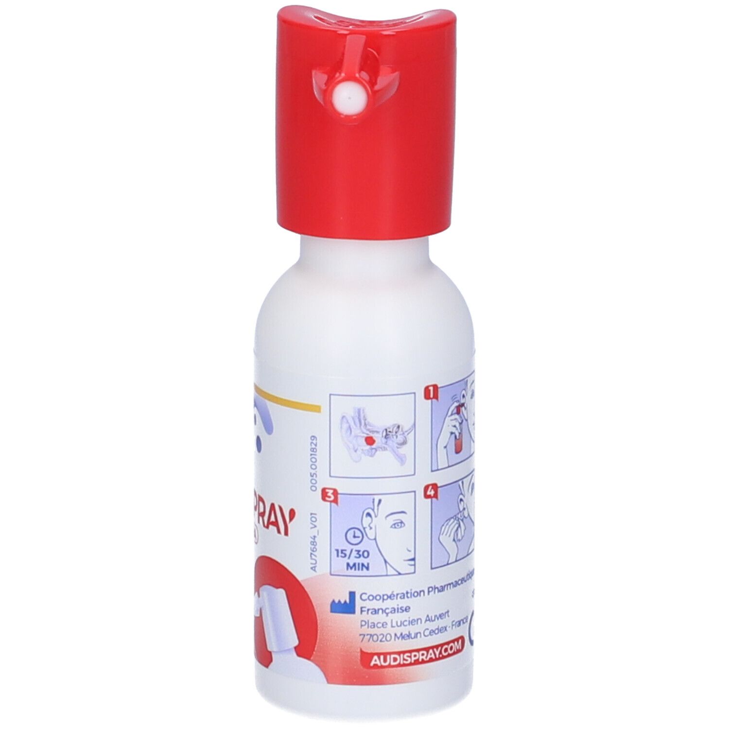 Flacone spray Audispray Ultra. Flacone bianco con erogatore rosso. Scritta: Audispray Ultra. Grafica onde blu.