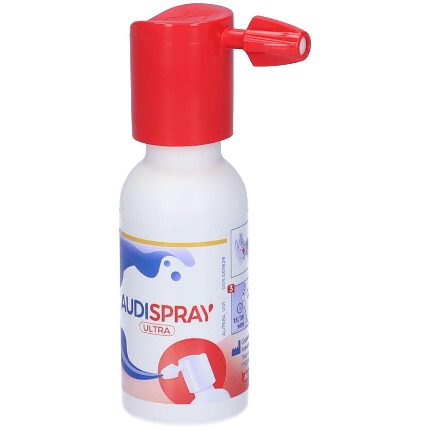 Flacone spray Audispray Ultra. Flacone bianco con erogatore rosso. Scritta: Audispray Ultra. Grafica onde blu.