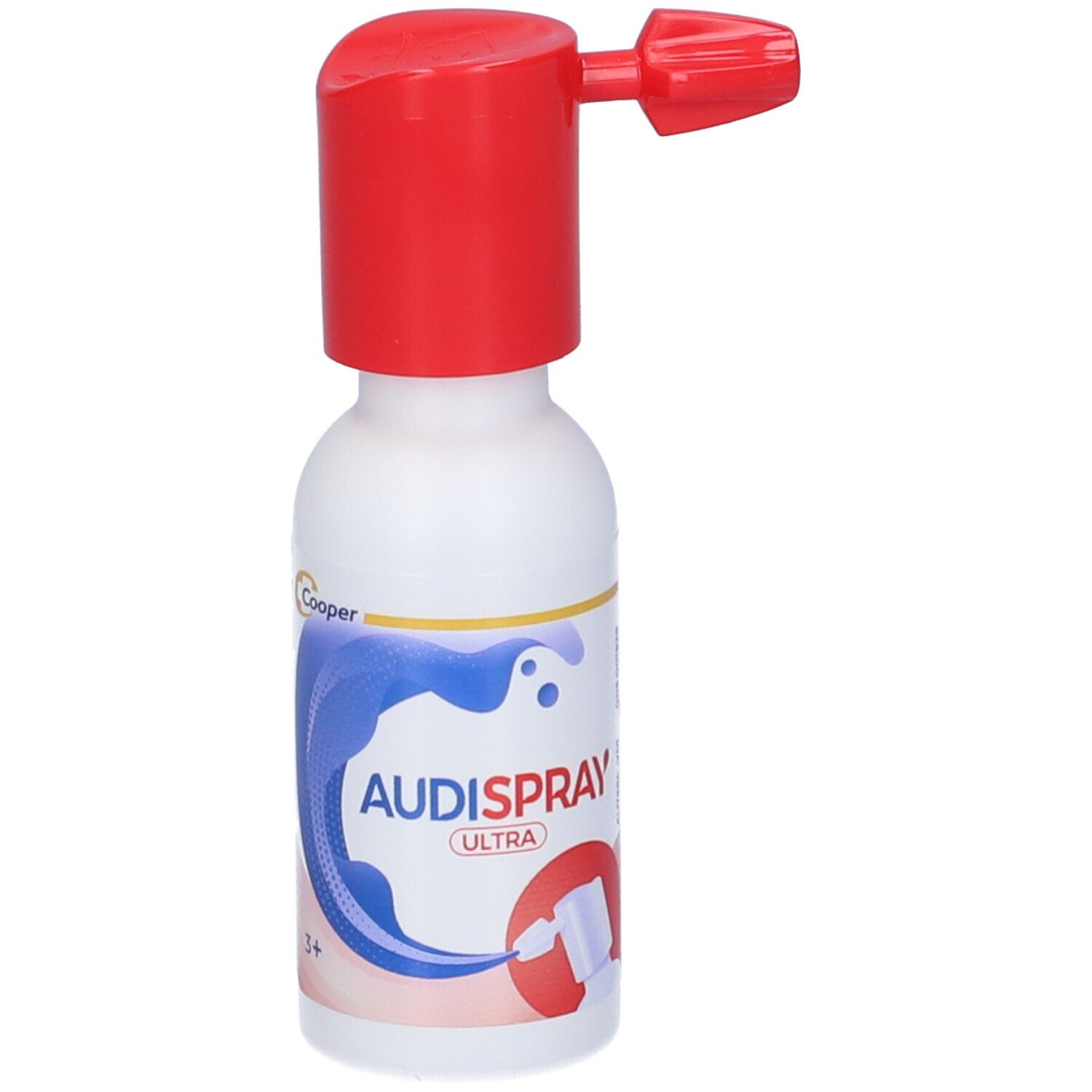 Flacone spray Audispray Ultra. Flacone bianco con erogatore rosso. Scritta: Audispray Ultra. Grafica onde blu.