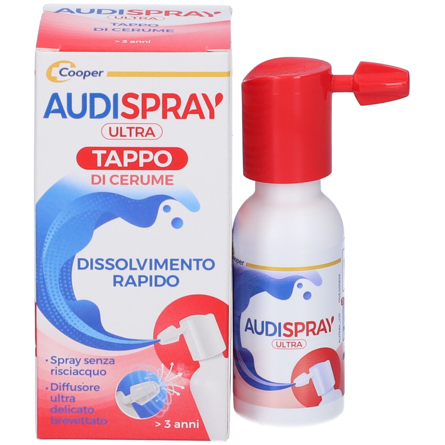 Flacone spray Audispray Ultra e confezione. Flacone bianco con erogatore rosso. Scritta: Audispray Ultra. Confezione accanto.