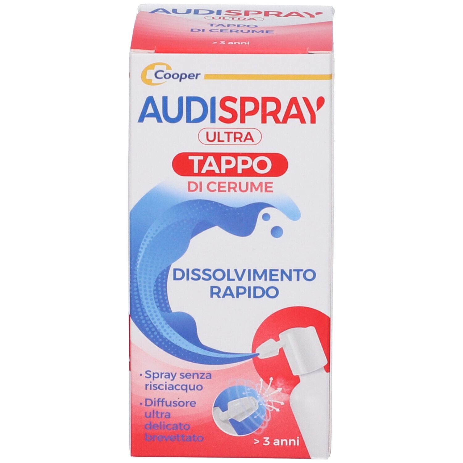Confezione Audispray Ultra. Confezione bianca con immagine e testo del prodotto. Scritta: Audispray Ultra. Grafica onde blu.