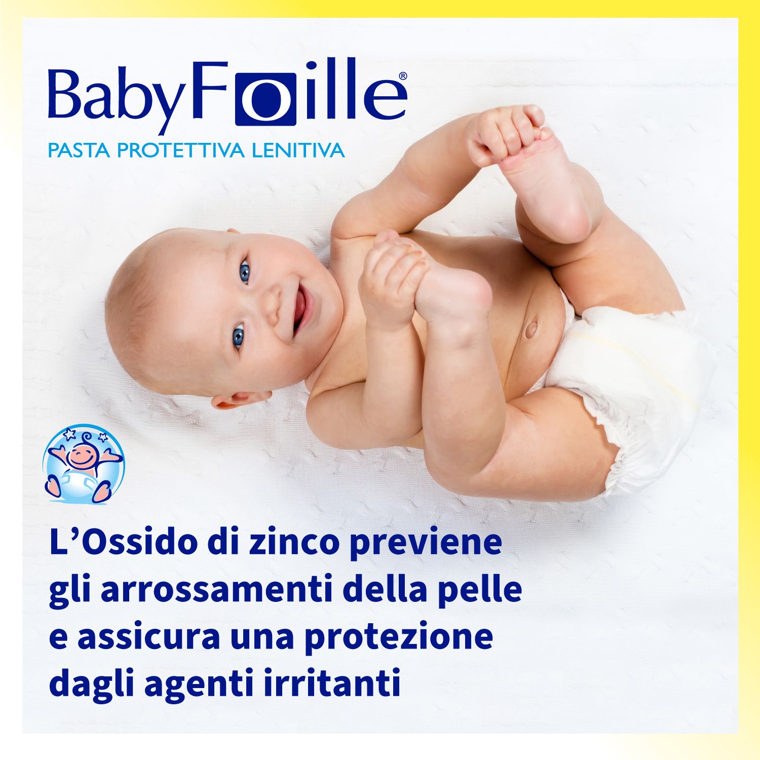 Baby mit Windel. Text: L'Ossido di zinco previene gli arrossamenti della pelle e assicura una protezione dagli agenti irritanti.