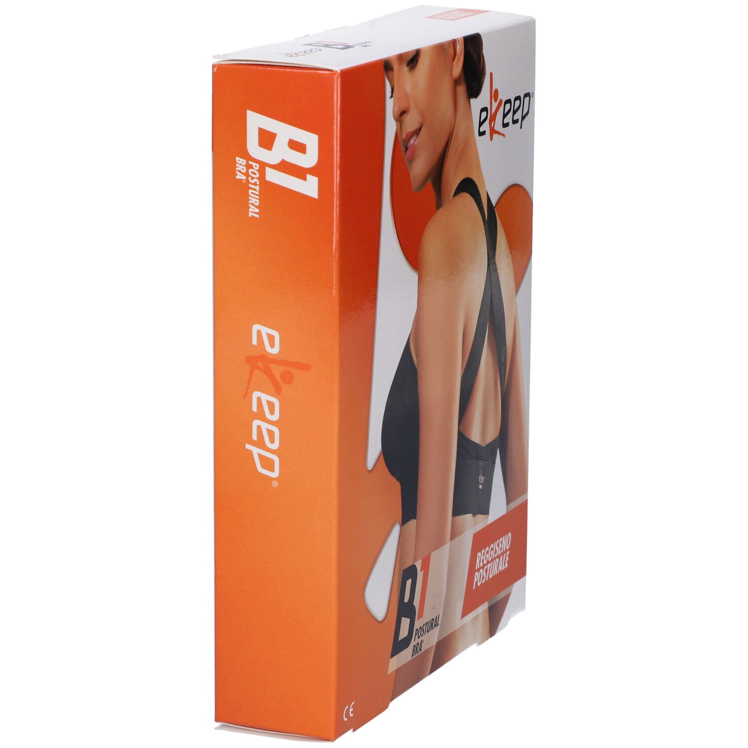 Confezione del reggiseno posturale Ekeep B1. Scatola arancione e bianca con immagine e testo del prodotto. Vista laterale.